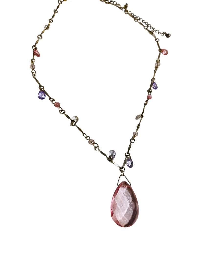 Silvertone Pink Beaded Necklace Spring Clasp 16-19"
