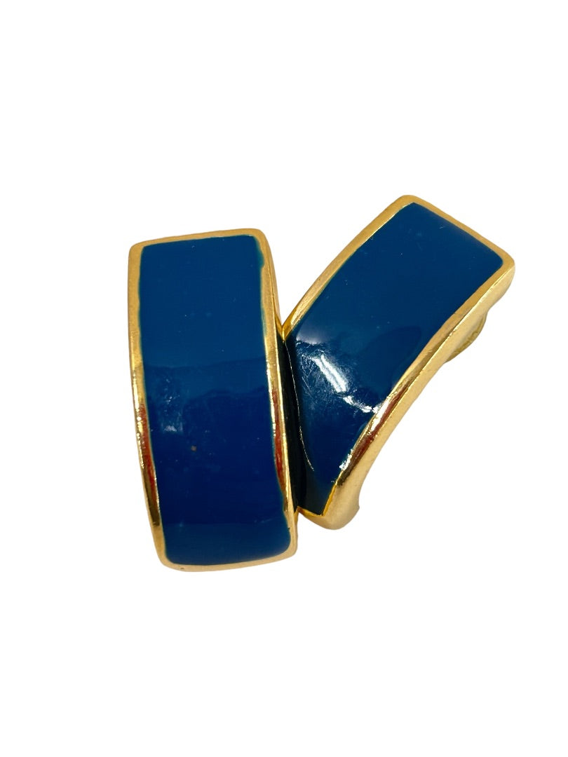 Vintage Post Pierced Demilune Earrings Goldtone Blue Enamel 1980s
