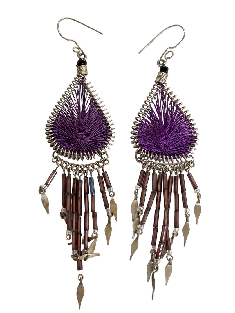 Dreamcatcher Hook Pierced Earrings Purple Silvertone 4.25" Drop Dangle