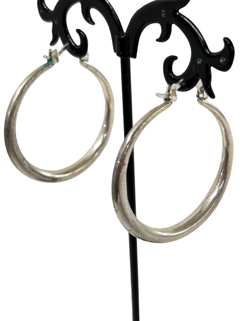 Silvertone Lever Hoop Earrings 1.75" Diameter Pierced