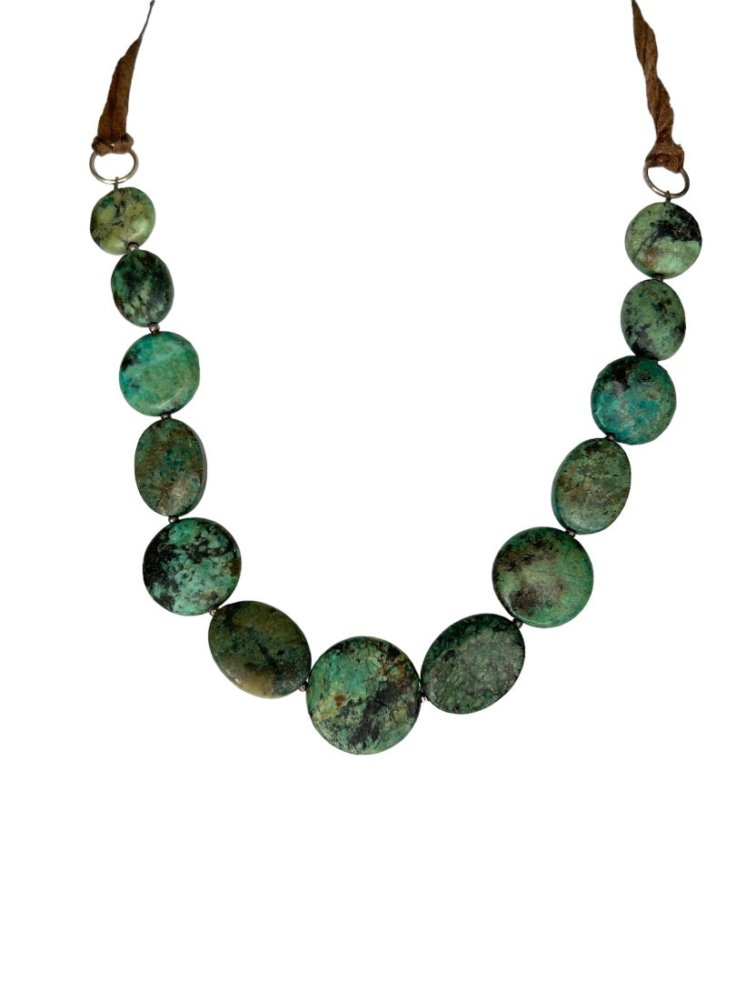 Natural Green Stone Flat Lay Necklace 22" on Leather Cord Lobster Clasp