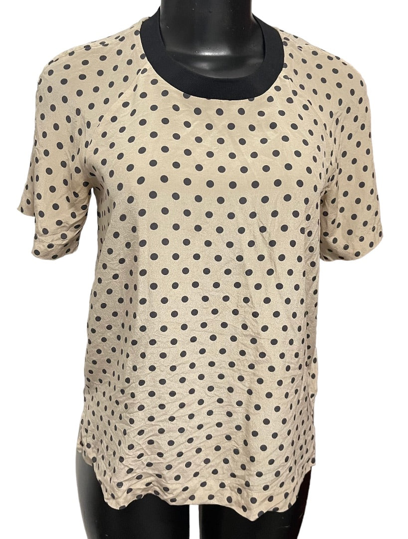 XS Madewell Short Sleeve Polka Dot Womens Silk Blouse Zipper Black Tan