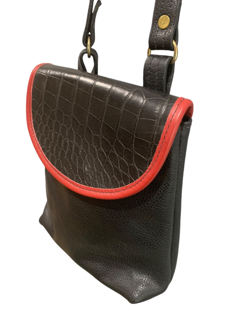 Vintage 1990s Black Red Leather Flap Satchel Hip Bag