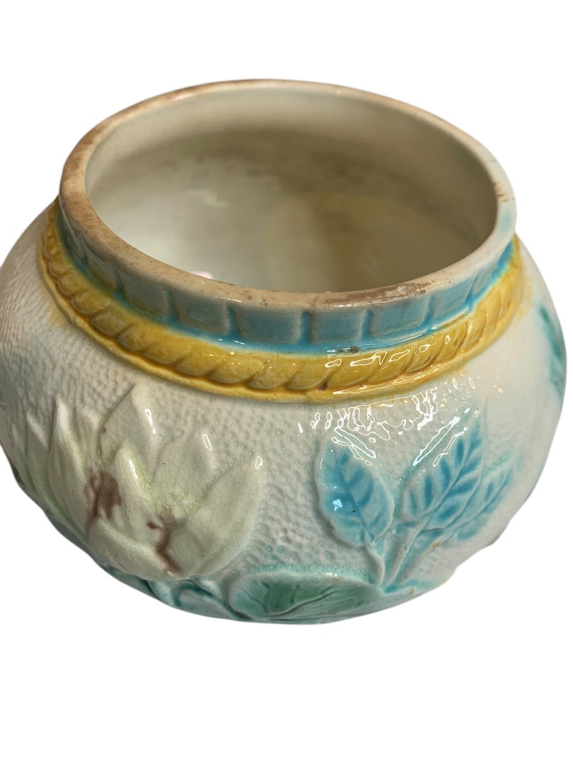 Antique Majolica Water Lily Pond Jar 3.5 Inch High Marked "D"