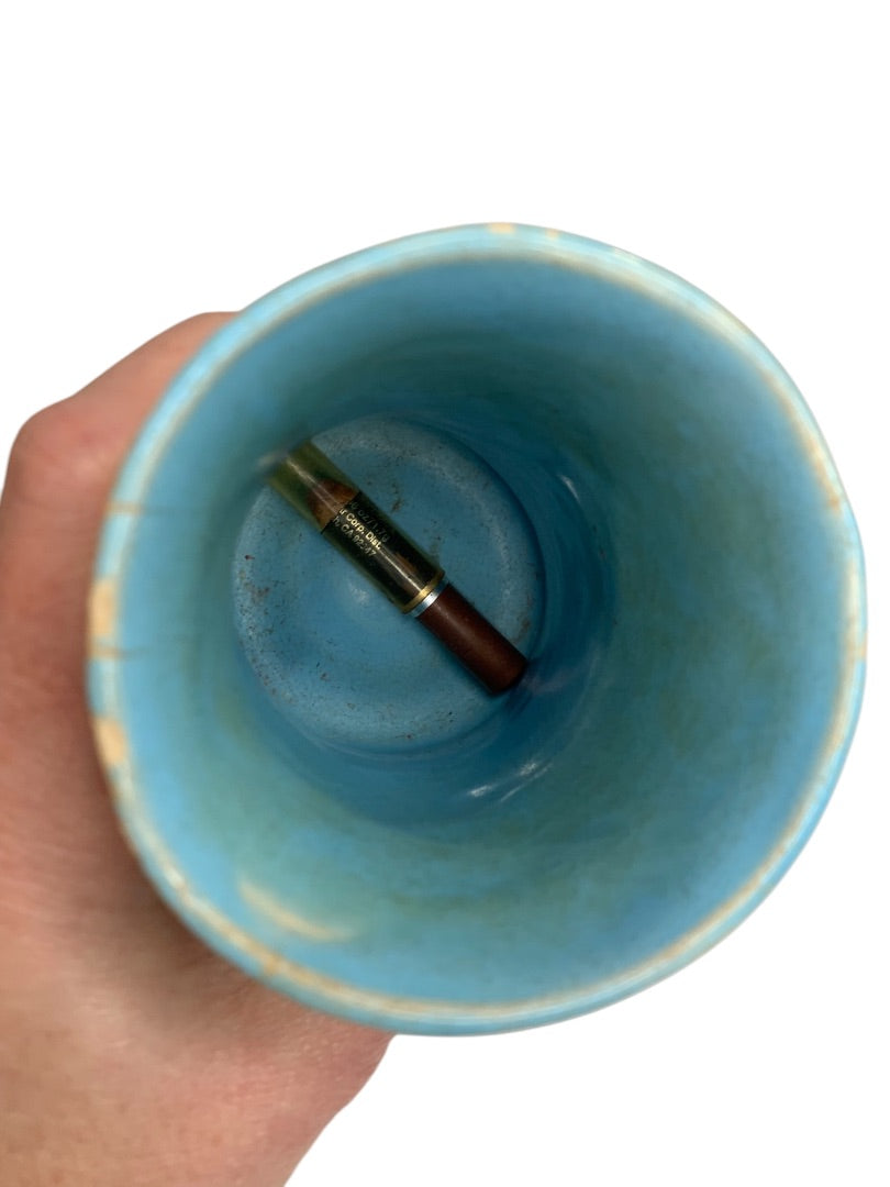 Antique English Majolica Vase Pottery Blue Dogwood 4.75 Inch
