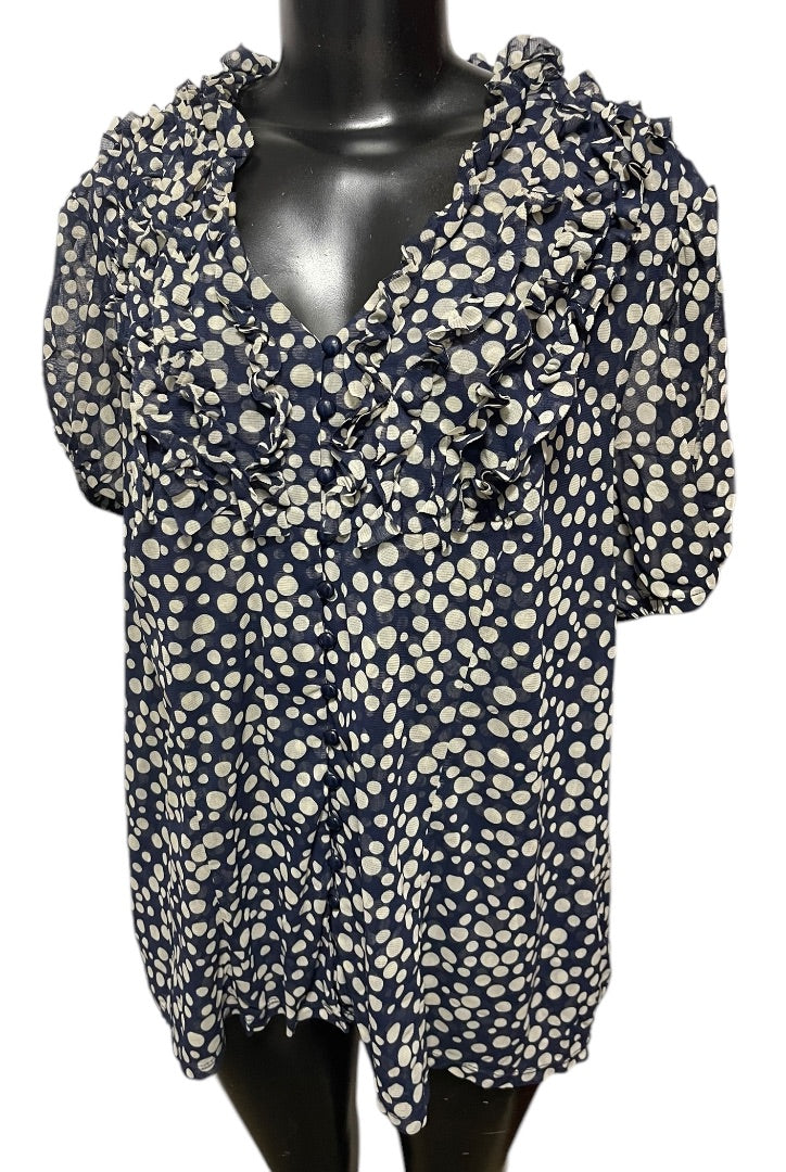 3X INC Short Sleeve Ruffled Button Front Womens Polka Dot Shirt Navy