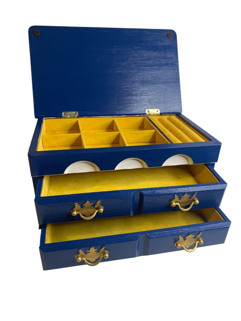 Tabletop Jewelry Box Bright Navy White Goldtone 8"h x 11"l x 6.5"d