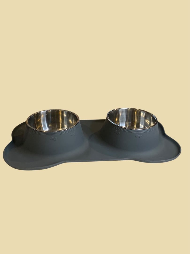 Dog Food Bowls Stainless Steel No Spill Non-Skid Mat Gray