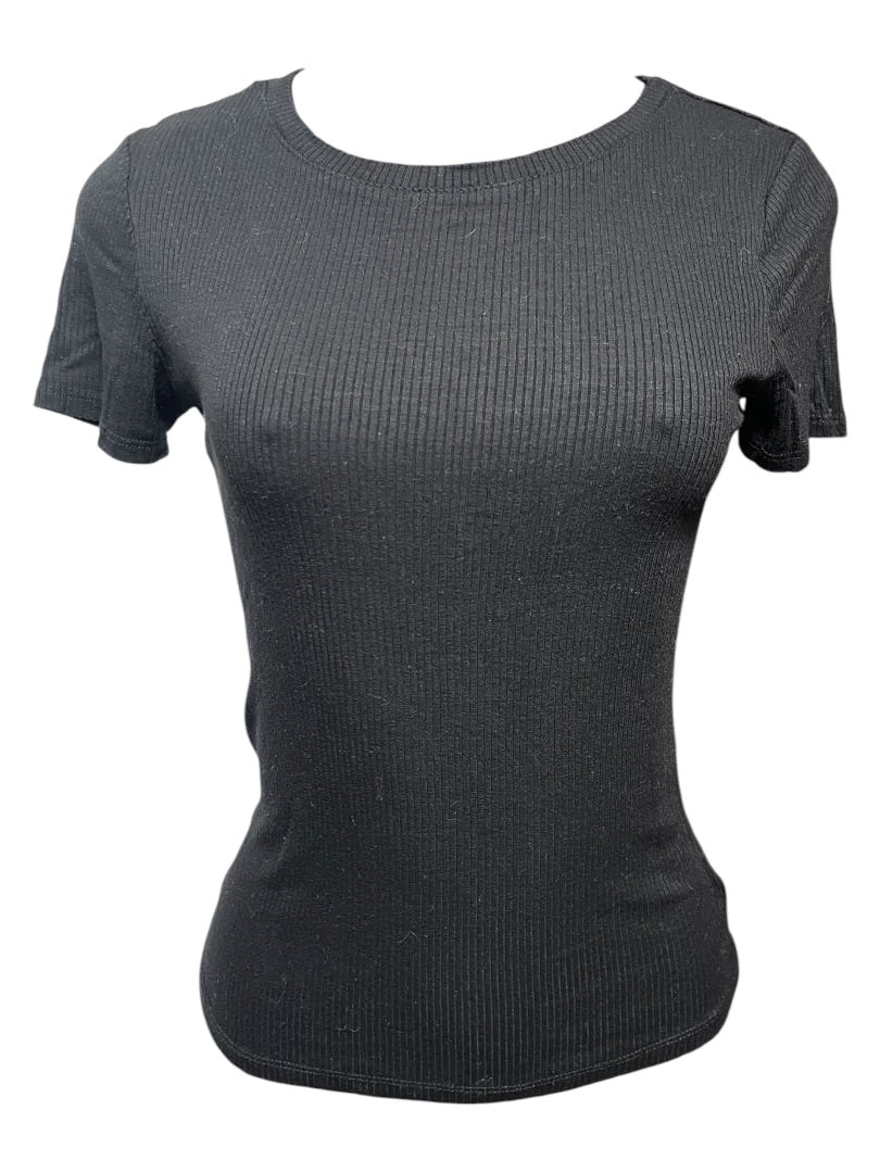 Medium Hashtag In Trend Short Sleeve Ribbed Womens Top Black