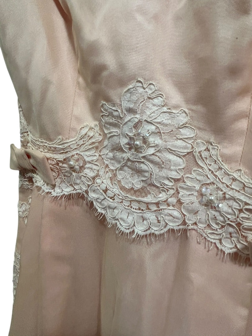 Vintage Handmade Dress Pink Lace Applique Formal 50s Tea Length
