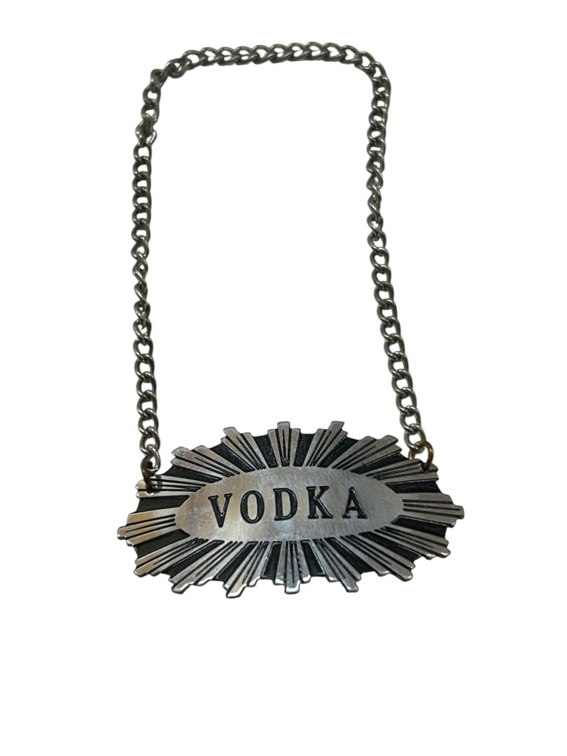 Silvertone Vodka Label Tag on Chain Starburst Design 2 Inch