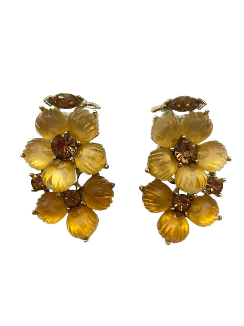 Vintage Signed Lisner Clip On Earrings Acrylic Amber Floral 1.5" Drop