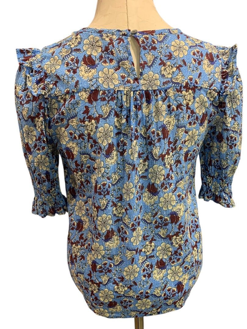 Small Petite Loft Womens Sheer Floral Metallic Threaded Half Sleeve Blouse