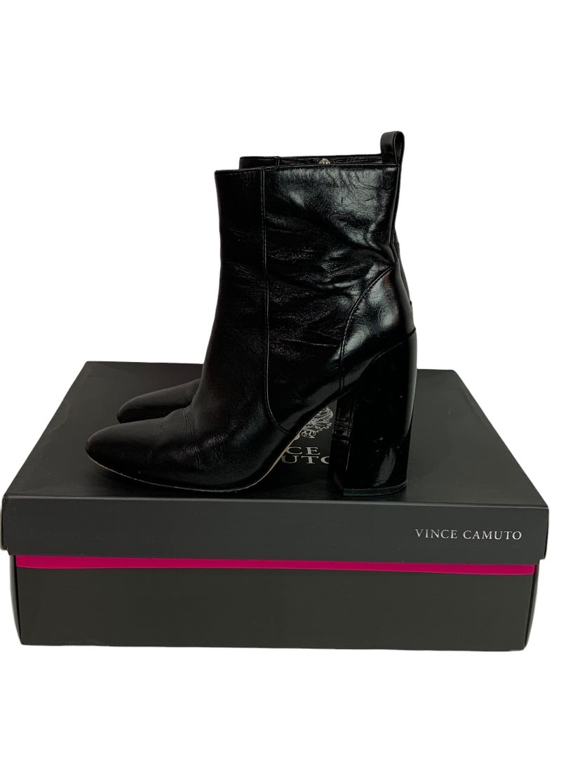 Size 6 Vince Camuto Womens Black Leather Booties 4 Inch Block Heel Enverna