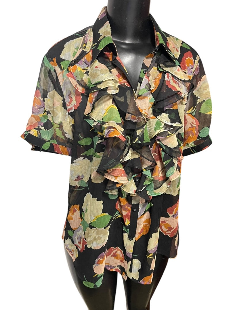 XL Lauren Ralph Lauren Sheer Floral Ruffled Button Down Blouse New Womens