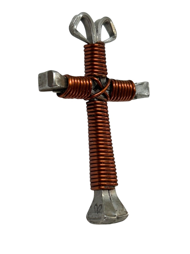 Silvertone and Copper Color Wrapped Cross Pendant Funky 1.75"