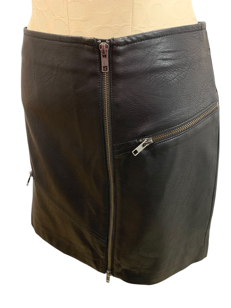 Small Leith Black Moto Style Vegan Leather Mini Skirt 15" Length