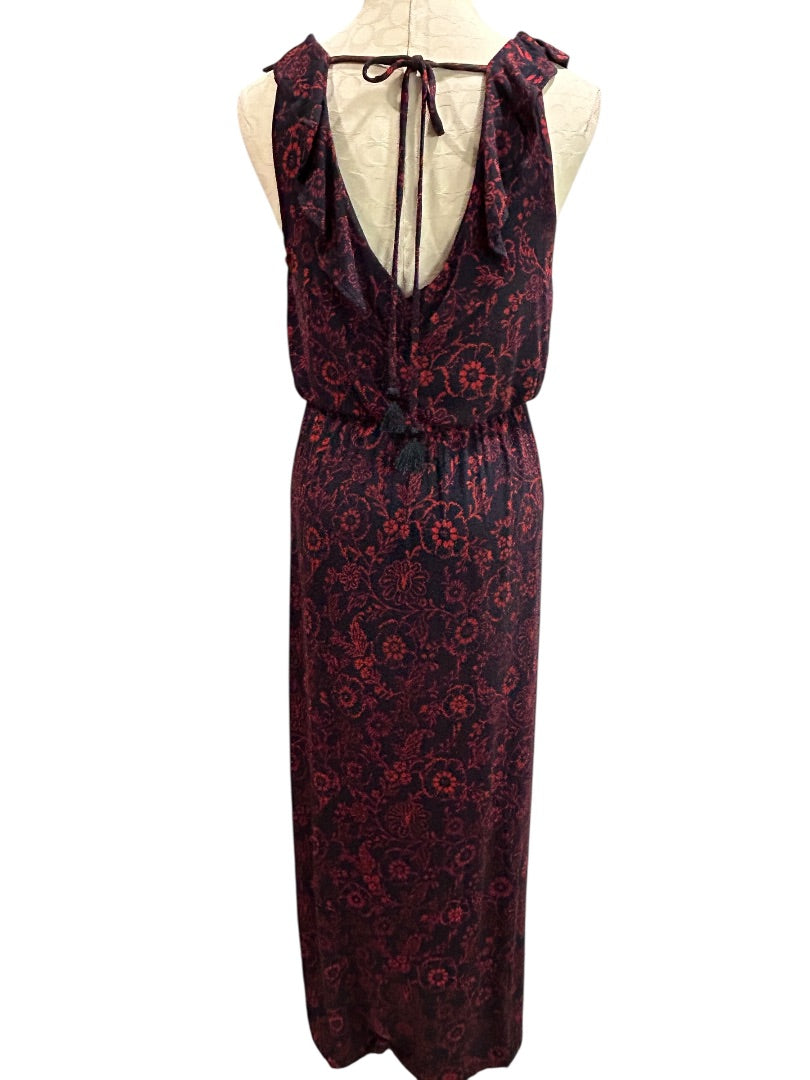 Medium Loft Navy Blue Red Floral V-Neck Tie Back Maxi Dress Soft Knit