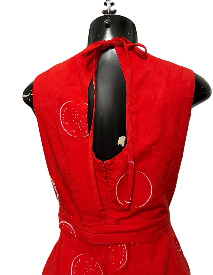 XS Eva Franco Anthropologie Women's Circle Print Romper Red Front Tie