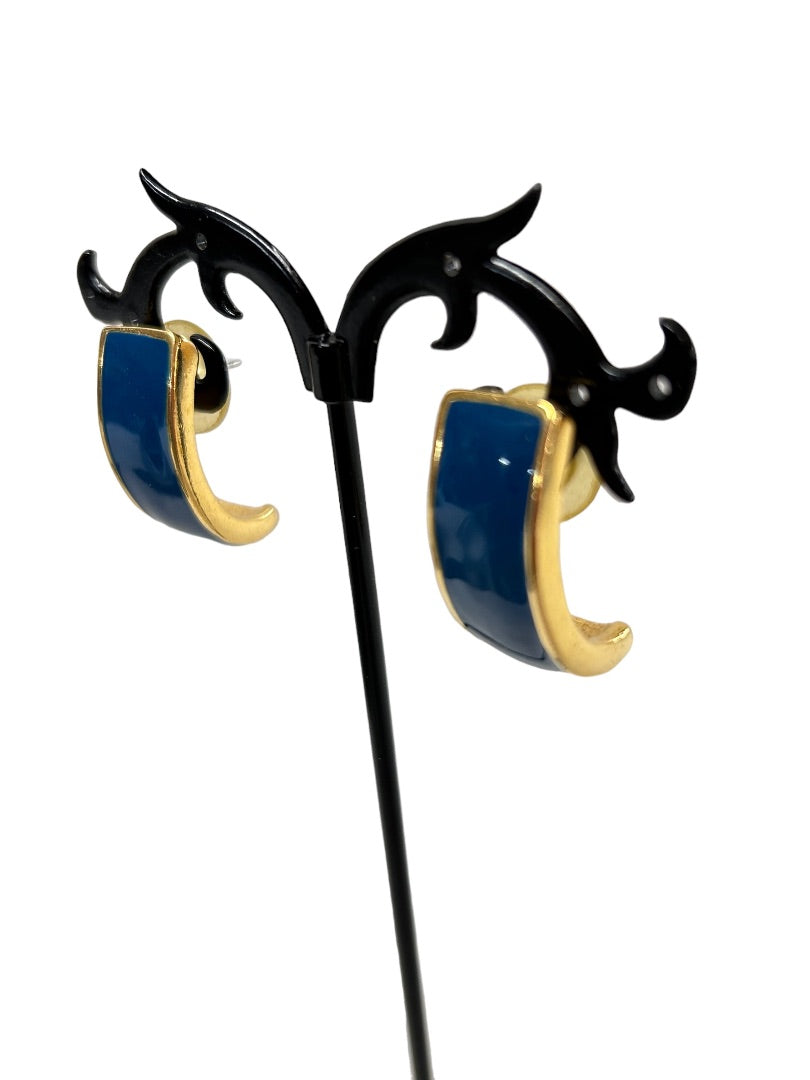 Vintage Post Pierced Demilune Earrings Goldtone Blue Enamel 1980s