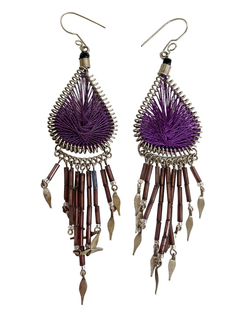 Dreamcatcher Hook Pierced Earrings Purple Silvertone 4.25" Drop Dangle