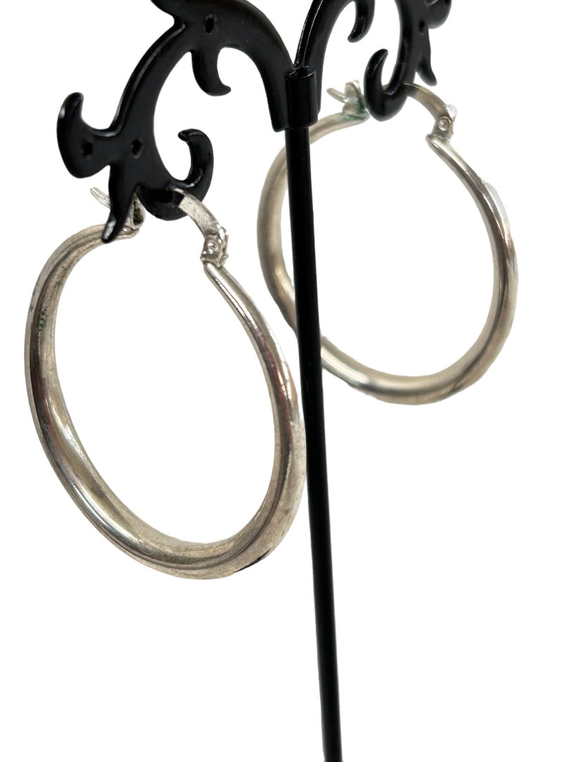 Silvertone Lever Hoop Earrings 1.75" Diameter Pierced