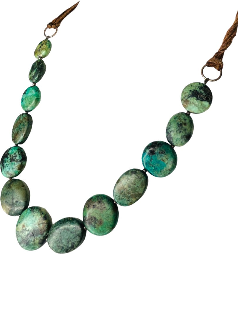 Natural Green Stone Flat Lay Necklace 22" on Leather Cord Lobster Clasp
