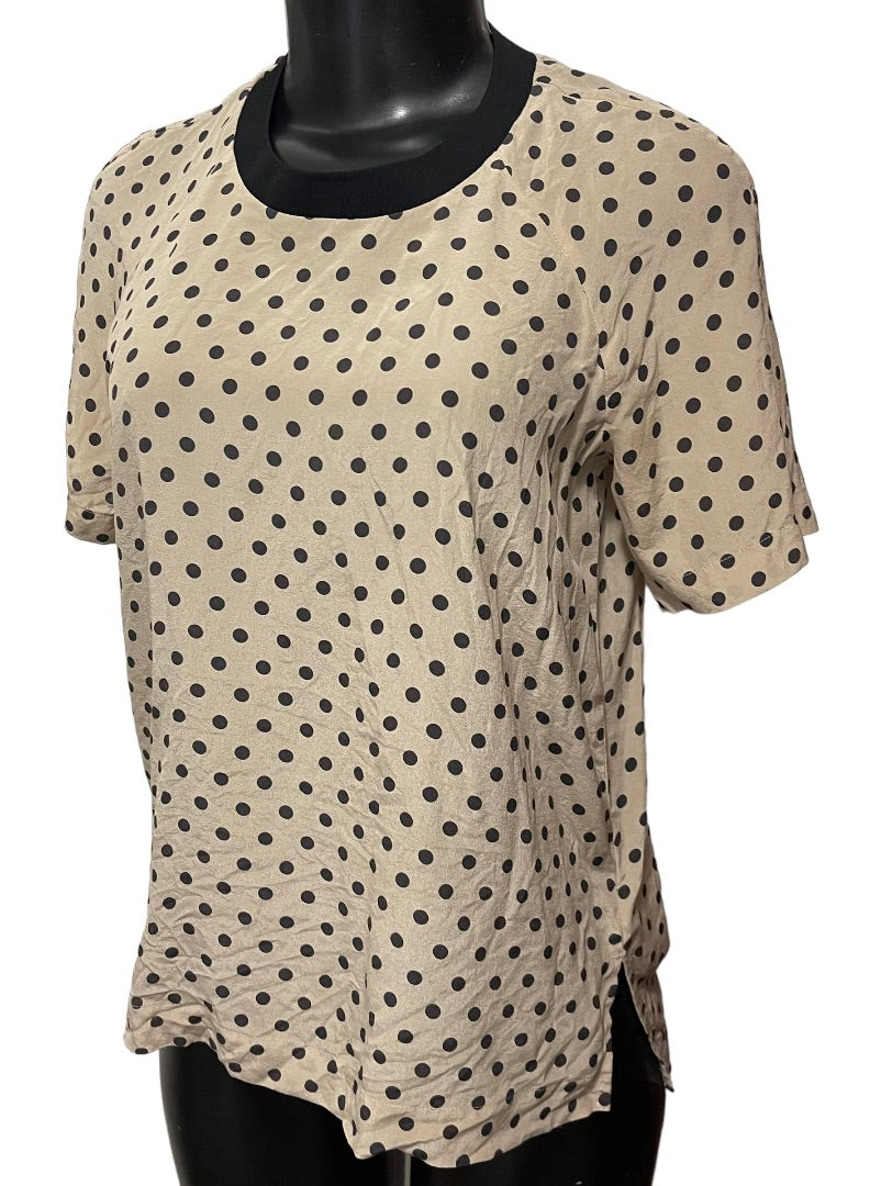 XS Madewell Short Sleeve Polka Dot Womens Silk Blouse Zipper Black Tan