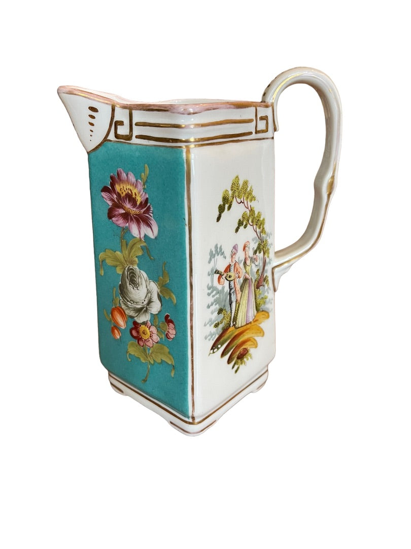 Vintage German Dresden Jug Pitcher Victorian Serenade Scene Handled Teal