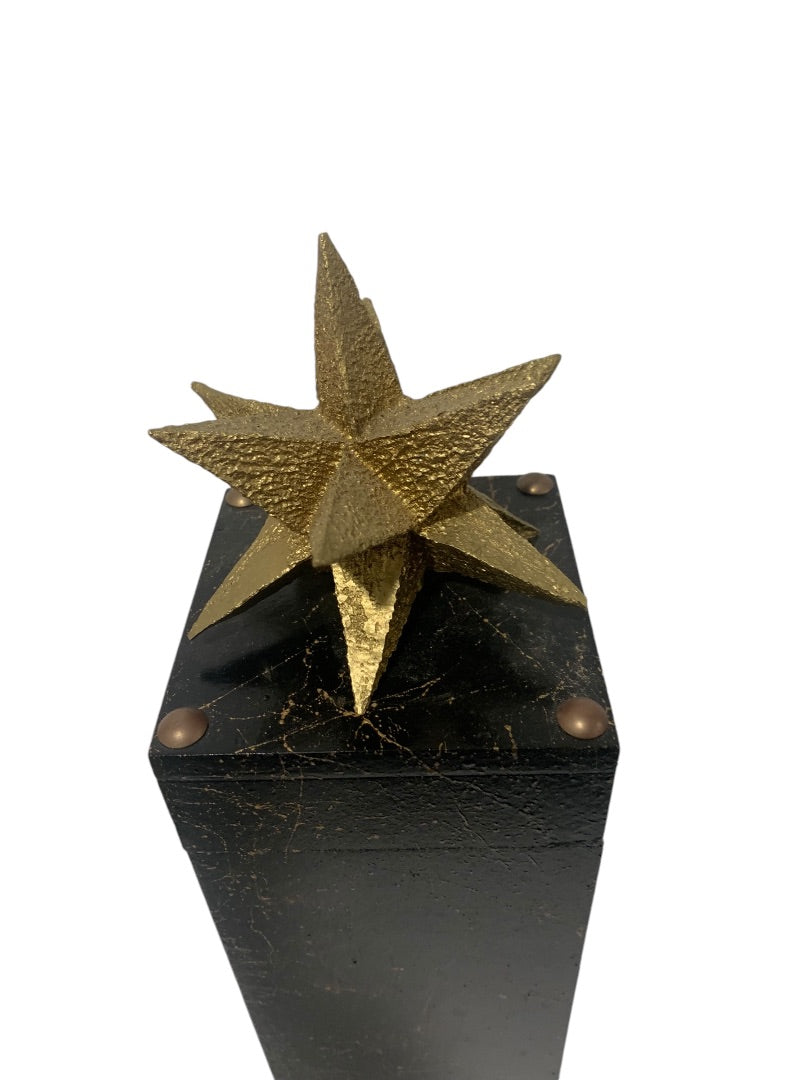 R.Stad Designs Black Gold Hinged Handmade Wood Box Star Topper 18"h x 4" Square