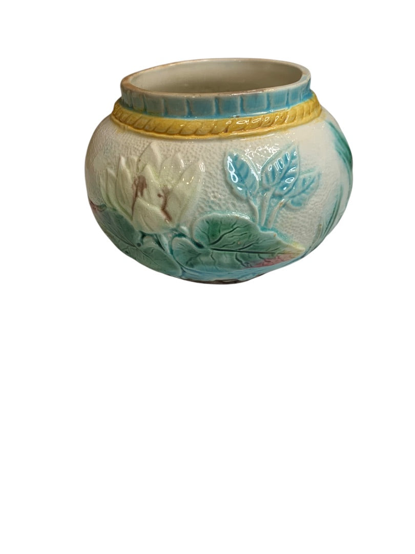 Antique Majolica Water Lily Pond Jar 3.5 Inch High Marked "D"