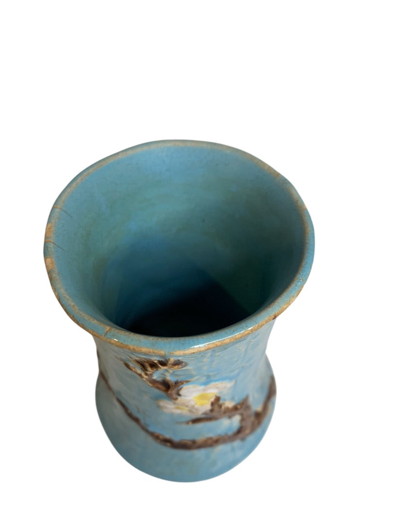 Antique English Majolica Vase Pottery Blue Dogwood 4.75 Inch