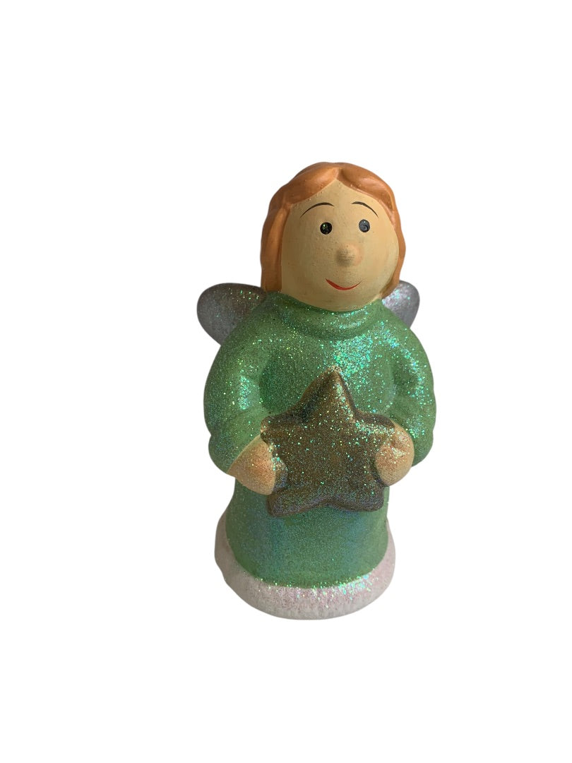 Ceramic Angel Chubby Star Sparkles Green 5 Inch Christmas