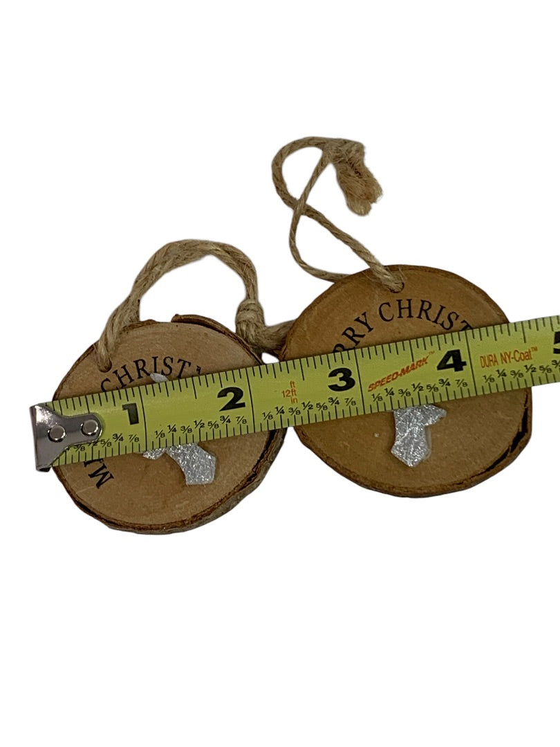 Set of 2 Merry Christmas Natural Ornaments Wood Sparkly Reindeer
