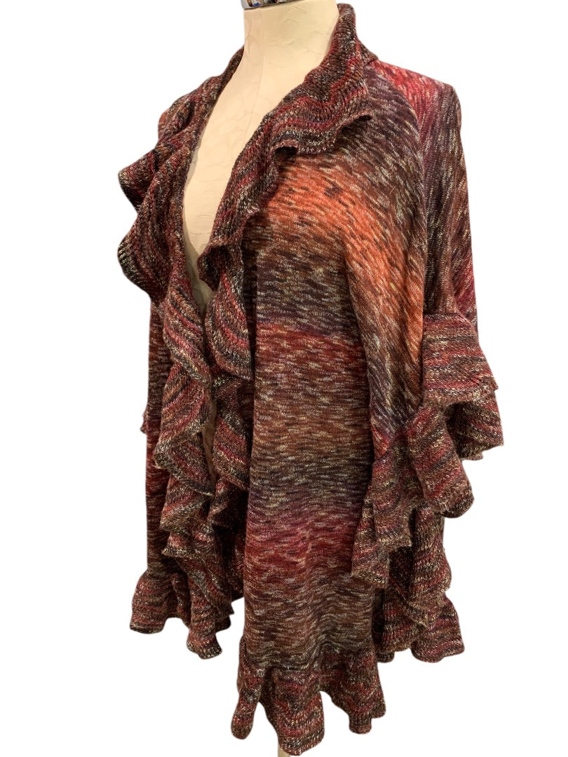 Small Medium Chicos Ruffle Knit Ruana Multi Color Open Cardigan Sweater