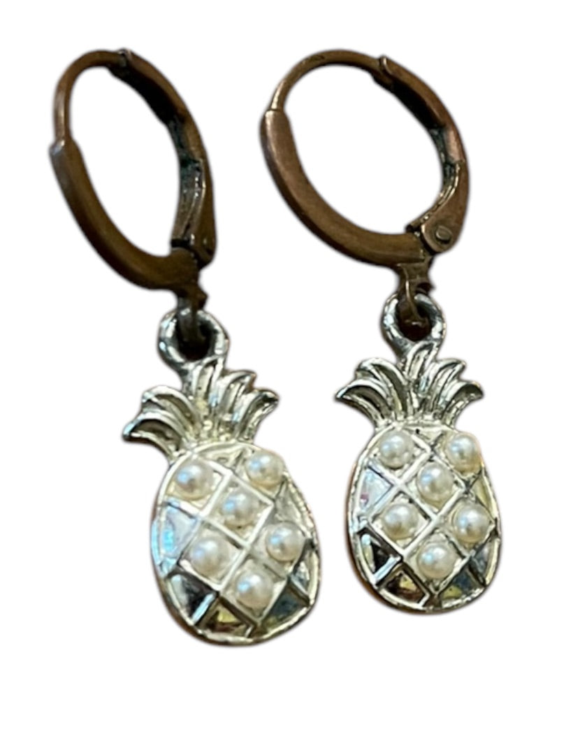 Pineapple Silvertone Copper Hook Faux Pearl 1.25" Pierced Earrings