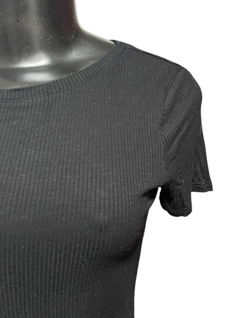 Medium Hashtag In Trend Short Sleeve Ribbed Womens Top Black