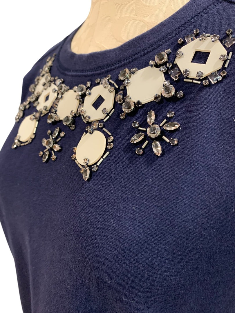 Small J.Crew Womens Navy Blue Ponte Knit Embellished Neckline Shirt