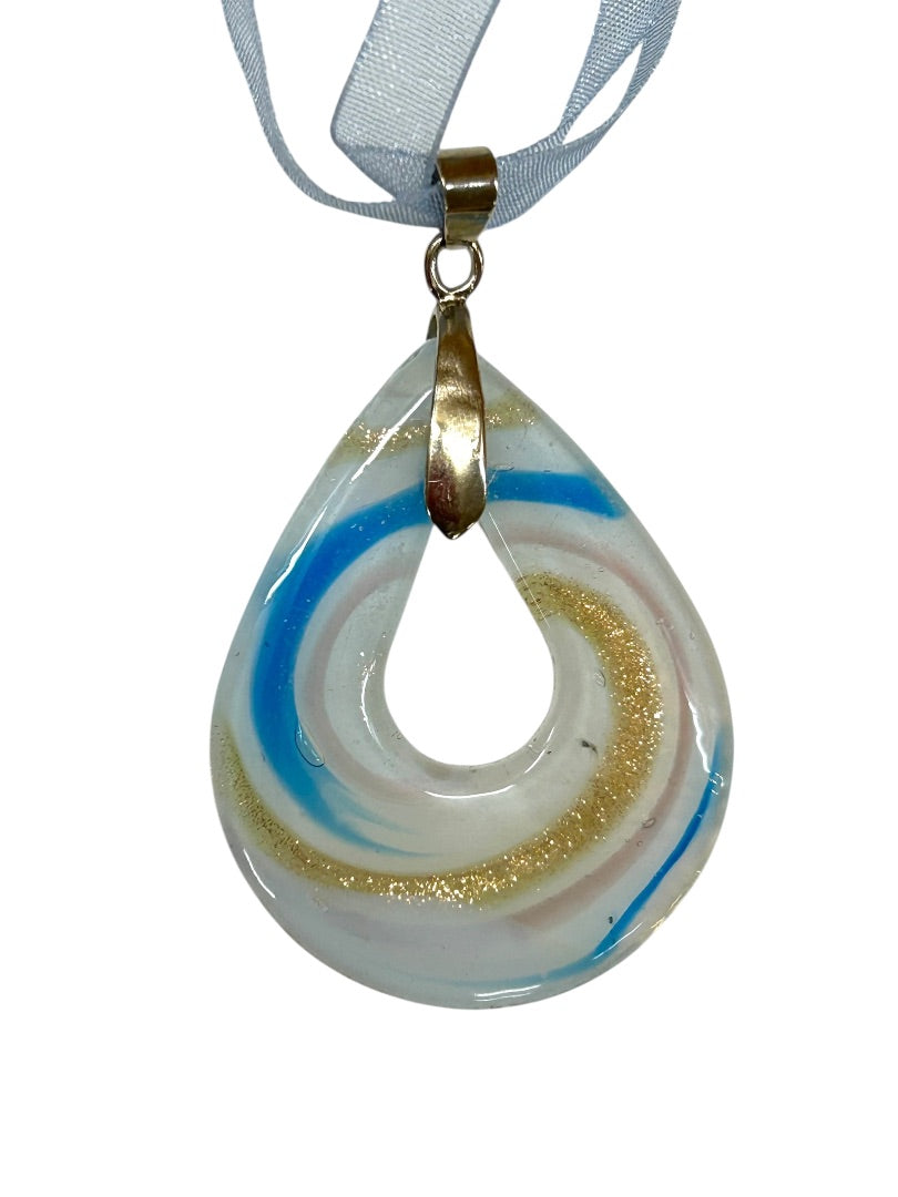 Ribbon and Glass Pendant Necklace Blue 18-20 Inch Lobster Clasp