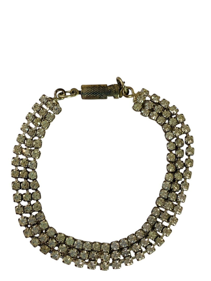 Vintage 3 Row Rhinestone Bracelet 7 Inch Box Clasp Tennis