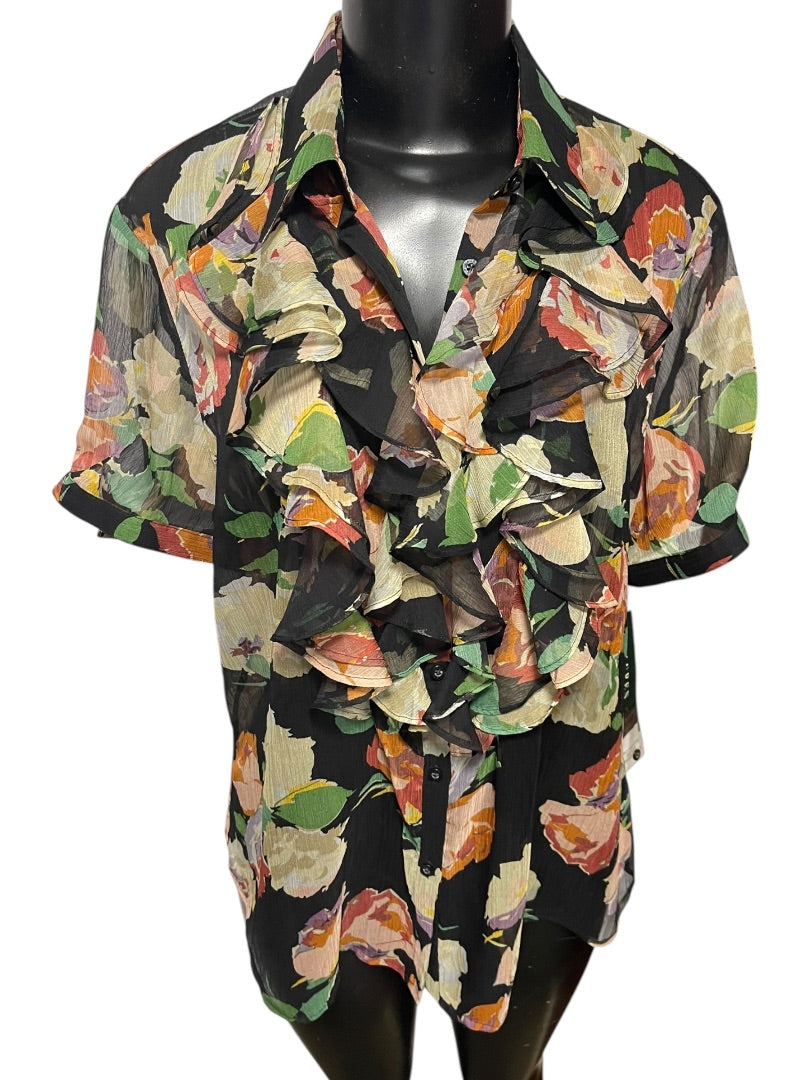 XL Lauren Ralph Lauren Sheer Floral Ruffled Button Down Blouse New Womens