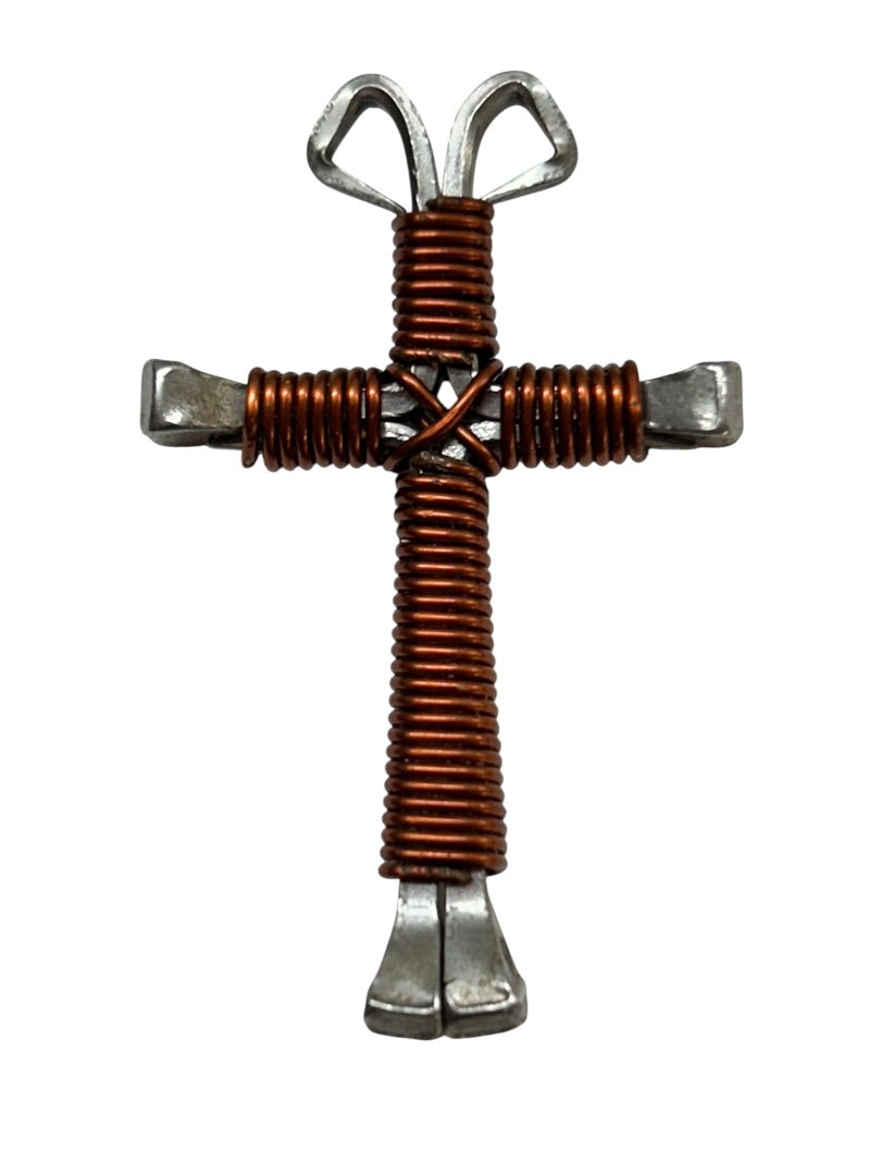 Silvertone and Copper Color Wrapped Cross Pendant Funky 1.75"