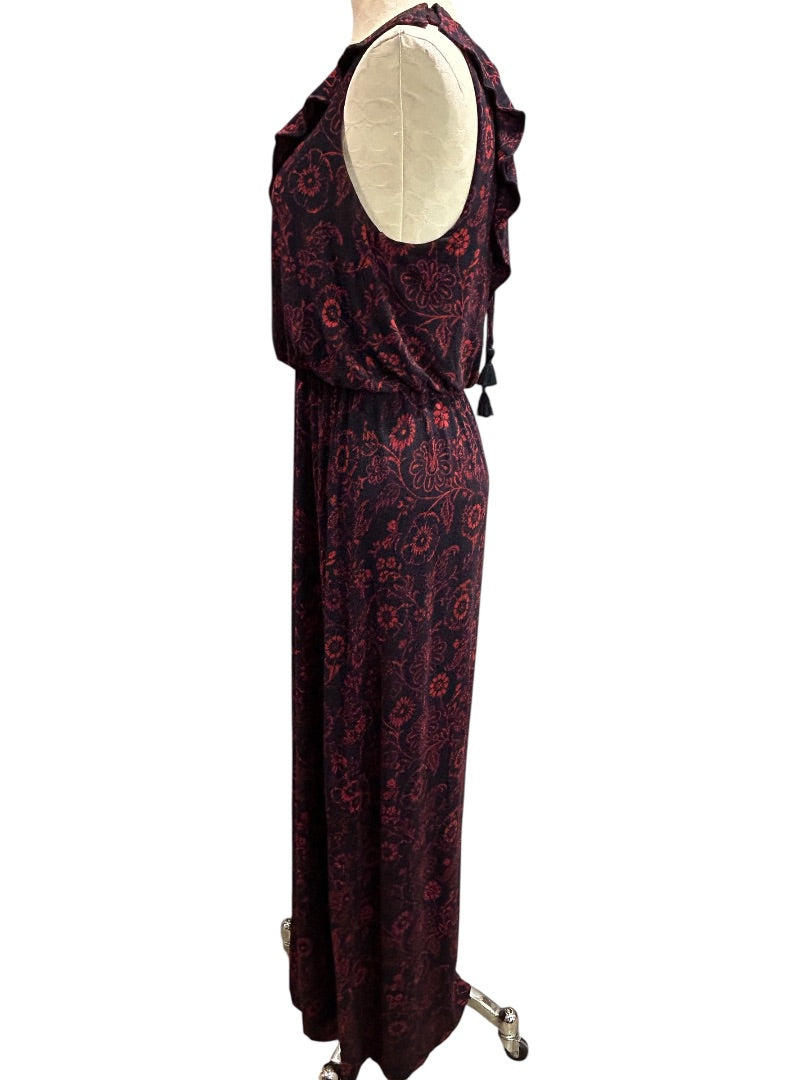 Medium Loft Navy Blue Red Floral V-Neck Tie Back Maxi Dress Soft Knit