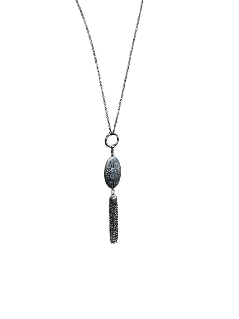 Silvertone Chain Necklace 30" Tassel Pendant Toggle Clasp