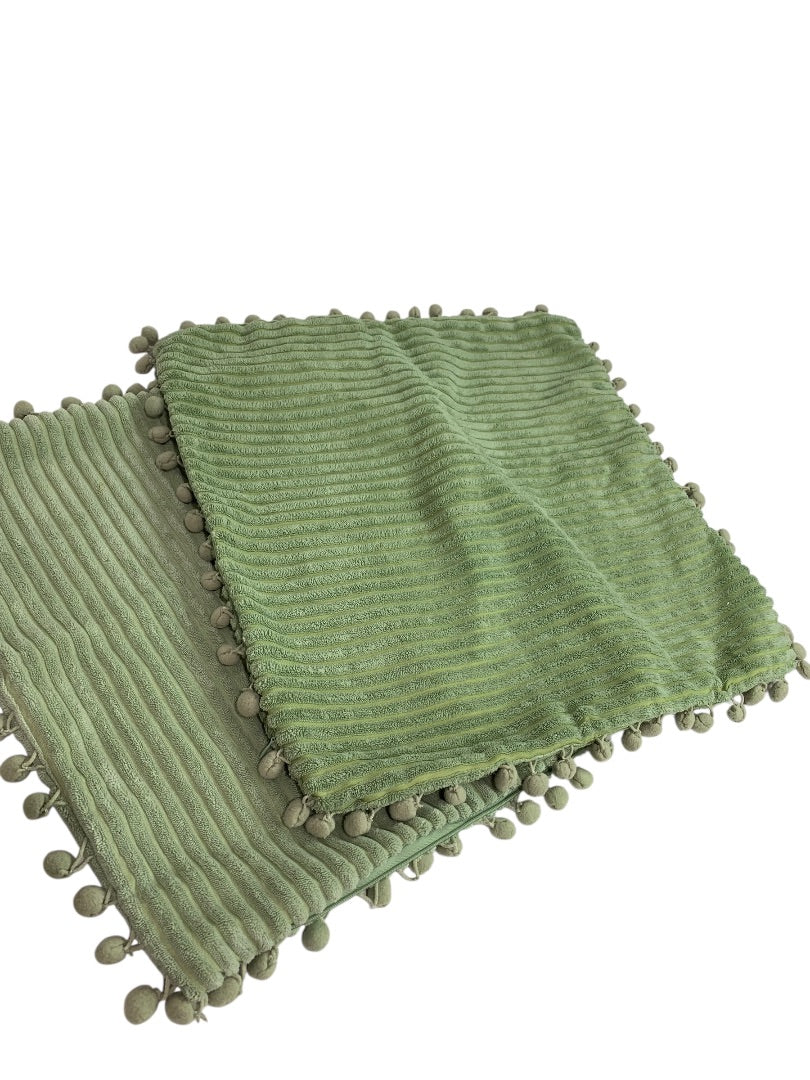 Set of 2 Sage Green 16" Pillow Cover Velour Stripe Zip Closure