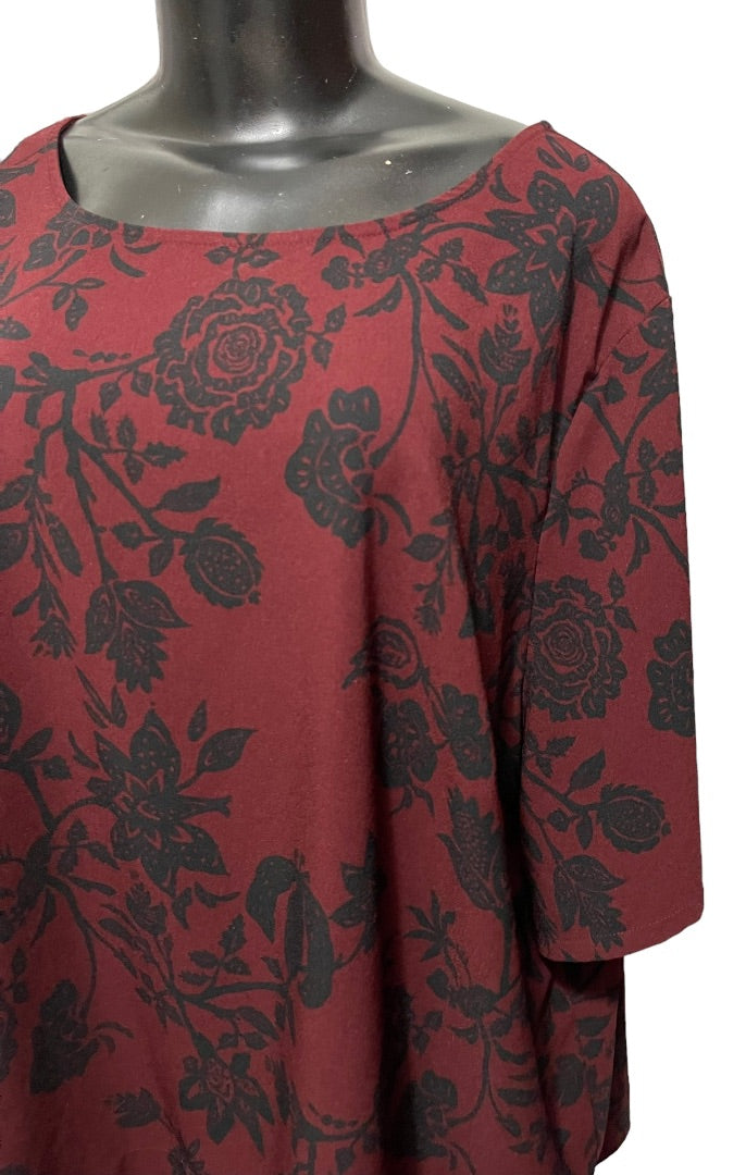 4X Ava & Viv Women's Burgundy Black Floral Petal Back Blouse 1/2 Sleeve