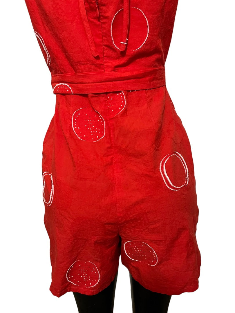 XS Eva Franco Anthropologie Women's Circle Print Romper Red Front Tie