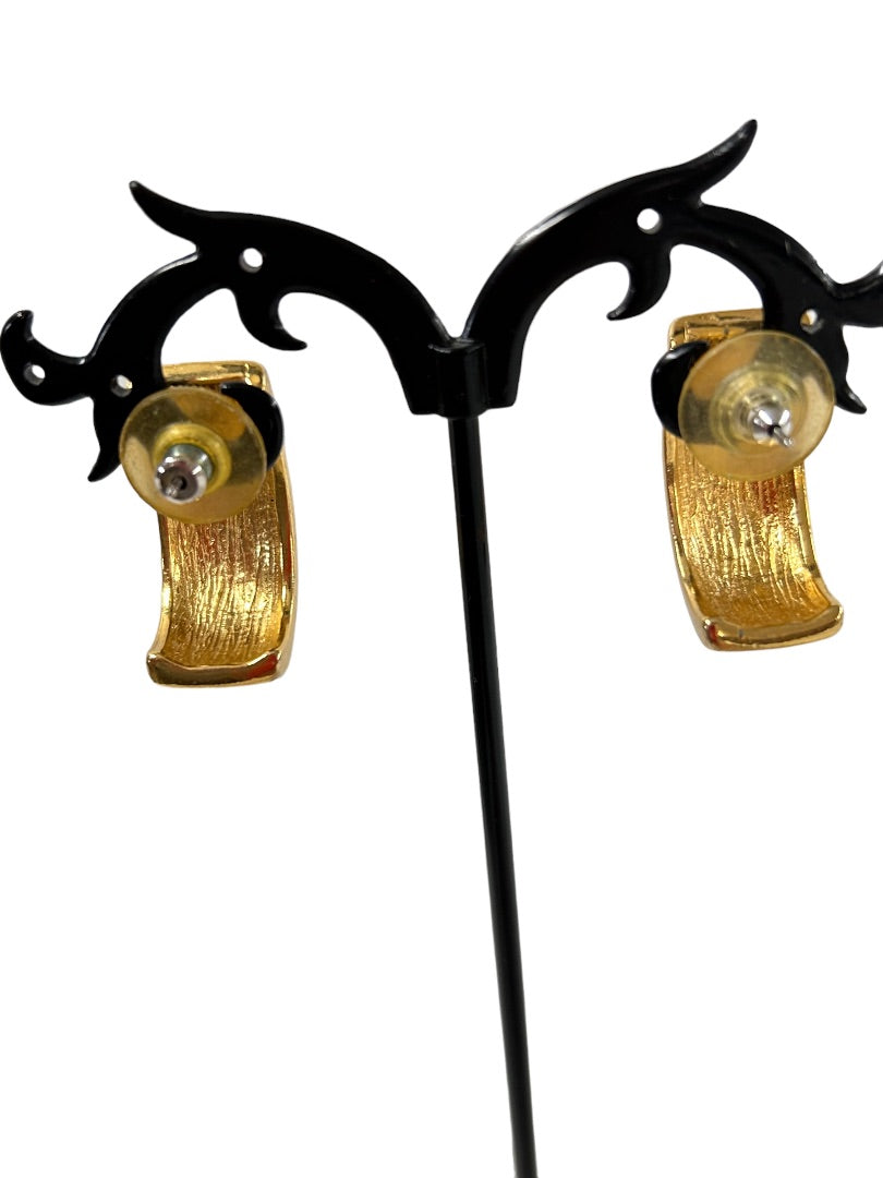 Vintage Post Pierced Demilune Earrings Goldtone Blue Enamel 1980s