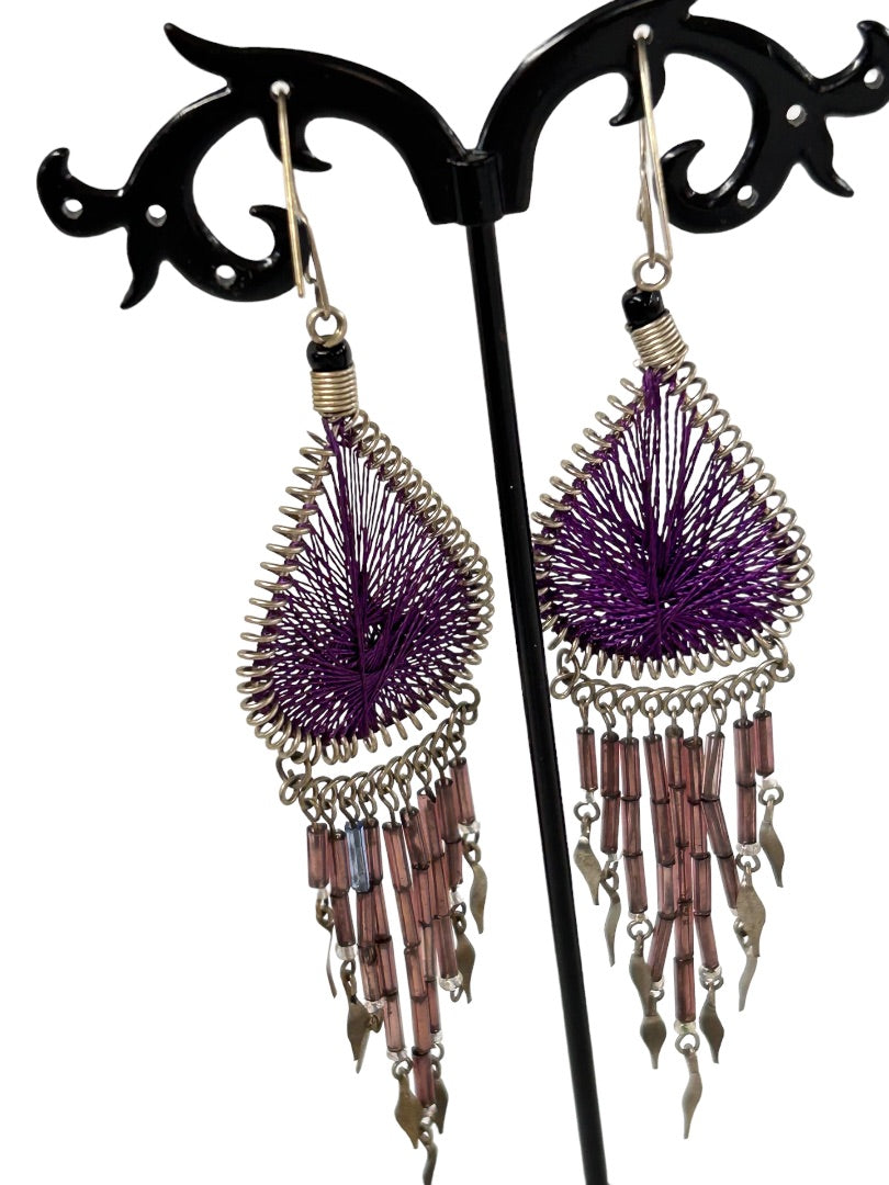 Dreamcatcher Hook Pierced Earrings Purple Silvertone 4.25" Drop Dangle