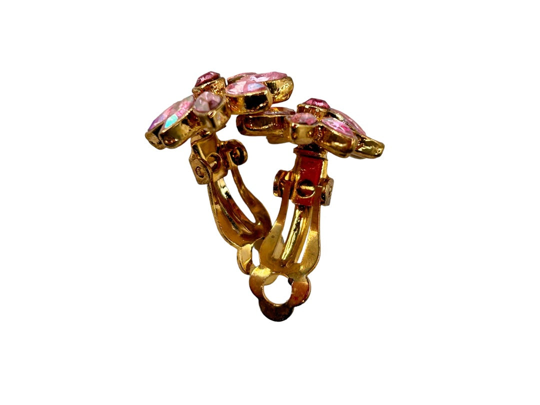 1990s Clip On Pink Crystal Flower Earrings 3/4" Diameter Non-Pierced Goldtone